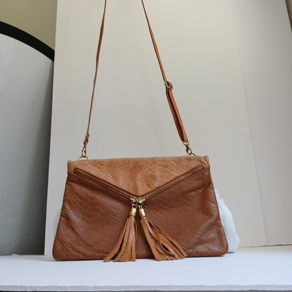 Italian Leather Caramel Reptile Crossbody Bag Zip Front with Fringe Zipper Pulls